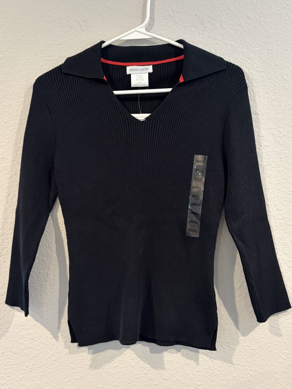 NEW Pierre Cardin Womens 100% Cotton Black Ribbed Collared V Neck Sweater SZ SM